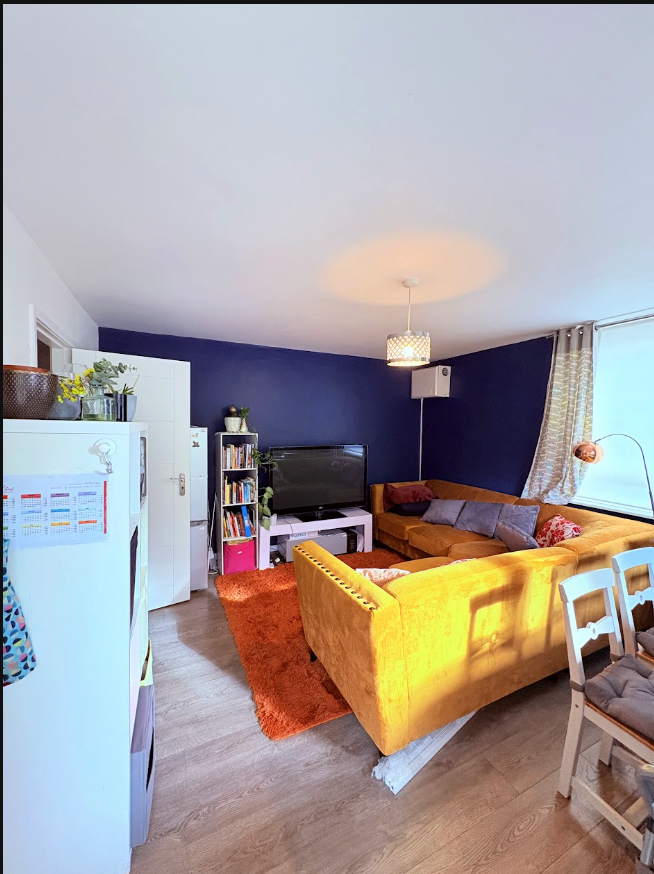 Shared living room with velvet sofas, TV and dining chairs