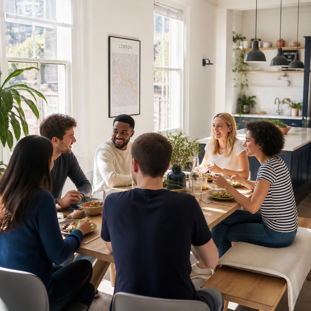 Housemates relaxing together in a bright shared London living room